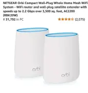 Netgear Orbi Compact Wall-Plug Whole Home Mesh WIFI System, Over 3,500 Sq. Feet