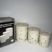 Epoch Korea Strawberry Time 3pc.Canister Set Vintage Strawberry Blossom Print