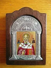 WOOD SIGNED ICON "ST NICHOLAS" STERLING SILVER FRAME, НИКОЛАЙ... S