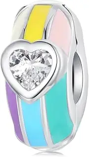 [DOYIS] Clip Stopper Charm for Pandora Bracelet, 925 Sterling Silver Rainbow Zirconia Lock Clip Charm Spacer Bead