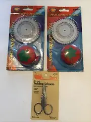 Two Tomato & Strawberry Pin Cushion And 40 Pin Wheel Unopened & Dritz Scissors