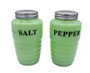 JADEITE DEPRESSION STYLE GLASS RIBBED BEEHIVE SALT & PEPPER SHAKERS
