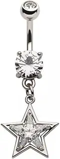 [Pierced Owl] 14GA 316L Stainless Steel CZ Crystal Star Dangling Belly Button Ring, Metal, cubic zirconia