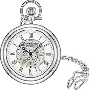 [Stührling] Stuhrling Original Mens Vintage Mechanical Pocket Watch - Stainless Steel Analog Skeleton Hand Wind Mechanical Watch with Belt Clip Stainless Steel Chain 6053.33113