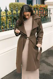 [PUP4] Billy Button Front Trench Coat - Chocolate Brown XS Brown