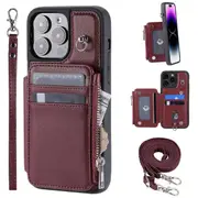 009 Kickstand Phone Case for iPhone 15 Pro Max Zipper Wallet Phone Cover PU+TPU Case with Straps