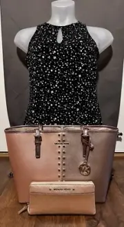 Michael Kors Jet Set Carry All Tote Rose Gold/Studs NWT With Matching Wallet