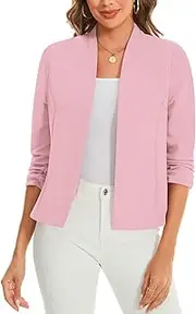 [LADI TREND] 3/4 Ruched Sleeve Open Front Cardigans Blazer Front Lined Womens UK Regular Fit Blazer Crop Shrug Jackets Smart Cover Up Stretch Outerwear Top