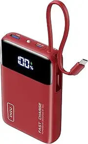 INIU Power Bank, 20000mAh 45W Portable Charger with Built in Cables, Fast Charge 3 at Once, USB C in&Out Battery Pack Fast Charging, PD 3.0+QC 4.0 Compatible with iPhone 16 15 14 etc. [Red]