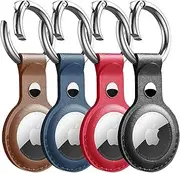 (4 Pack) T Tersely PU Leather Case Cover with Keychain for Apple Airtag,Airtag Holder,Airtag Key Ring,Anti-Scratch Anti-Lost Protective Accessories Case with Keyring for Tracker -Black+Blue+Brown+Red