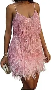 [BURLOE] Women's Sparkly Feather Fringe Dress Sequin Spaghetti Strap Dresses 1920s Gatsby Party Cocktail Evening Mini Camisole Dress (pink,Small)