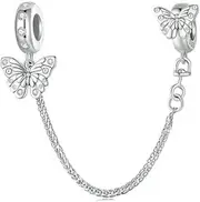 [MEETCCY] Charm Beads Animal Safety Chain 925 Sterling Silver Clip Stopper Charms Pink Paws Cat Dog Bird Safety Chain for Charm Bracelet