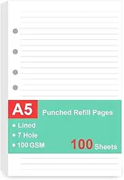7-Hole Lined Refills Paper, A5 Filler Paper for Planner Inserts, A5 Loose Leaf Paper, 5 Colors(20 Sheets/C), 100 Sheets/200 Pages, College Ruled, 5.5 X 8.5 Inch (White, 100 Sheets)