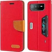 Oxford Fabric PU Leather Flip Wallet Case Compatible with Asus ROG Phone 6 Pro, Durable Protective Cover with Card Slots and Magnetic Closure (Red)