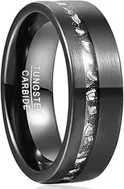 [VAKKI] 8mm Mens Black Wedding Rings Wood/Gibeon Meteorite Fragments/Silver Brushed Center Tungsten Ring Flat Edges Comfort Fit Size O to Y