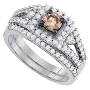 14k White Gold Round Brown Diamond Bridal Wedding Ring Set 1 Cttw