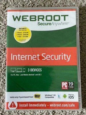 New Webroot Secure Anywhere Internet Security w/ Antivirus Windows 10, 3 Devices