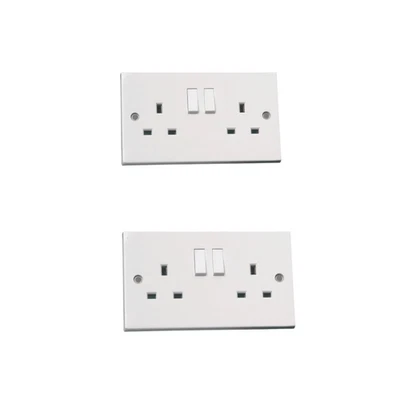 2 x UK 13A Double Switched Electric Socket Wall 2 Gang White Plug, Wall Socket