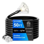 50 FT Outdoor Extension Cord with Multiple Outlets, 12 Gauge Heavy Duty Black...