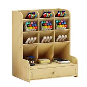 Multi-function Wooden Pen Holder Desktop Organizer Storage Box with Drawer (White Oak)