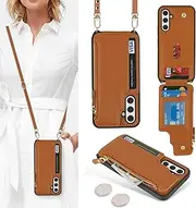 [Cavor] for Samsung Galaxy A54 5G Case Wallet with Strap, Zipper Pocket Card Holder - Brown Leather