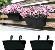 LaLaGreen Railing Hanging Planters (2 Pack, 16 Inch) Large Black Metal Strawberry Flower Pots Outdoor Countryside Modern Rectangle Succulent Planter with Drainage Holes Hanger Balcony Deck Fence Porch