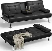 [YESHOMY] Futon Sofa Bed Modern Faux Leather Convertible Folding Lounge Couch for Living Room with 2 Cup Holders, Removable Soft Armrest and Sturdy Metal Leg, Black