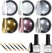 U-Shinein Chrome Nail Powder Set, 10 Color Chrome Glitter Powder, Metallic Chrome Powder Kit, Semi Solid Modeling Gel with Nail Brush, Silicone Nail Brush for Nail Art Nail Design, 02