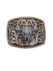 Cowboy Belt Buckle For Man Long Horn Bull Head 4.25"x3.25"Gold Copper Tone/Black