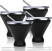Stainless Steel Wine Tumbler with Lid, Double Wall Vacuum Martini Glass with Straw, Insulated Stemless Cocktail Glasses Stay Icy Cold, Set of 4, 10 Oz,Black