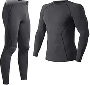 [WETKOL] Autumn and Winter Fitness Underwear Men, Compression Base Layer Breathable Plush Thermal Tight Sports Underwear Set, for Running Training Long Sleeves Top and Bottoms (Color : Gray, Size : X-Large)