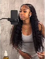 13x4 Lace Frontal Wig, Deep Wave Human Hair， Long Curly Hair, # 1B Natural Black(20 inch)