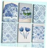 HKMXCD 6Pcs Blue coastal Wall Art Flowers Aesthetic Wall 8x10in Canvas Canvas