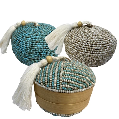 Balinese Offering Basket Hand Woven Beaded Bamboo Stash Box Trinket box Jewelry