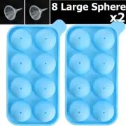 2x Round Ice Cube Ball Maker Tray 8 Large Sphere Silicone Molds Bar + 2x funnels