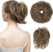 SARLA Messy Hair Bun Hair Pieces Curly Synthetic Updo Fake Scrunchies Ponytail Extension for Women Brunette/Ash Blonde Highlight 1PCS