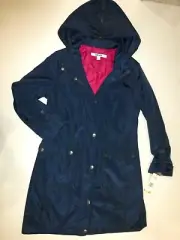 New DKNY Navy Blue Light Trench Coat Lined Button Rain Wind Hood Jacket Womens S