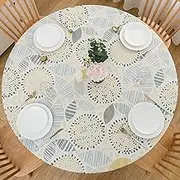 Round Vinyl Fitted Tablecloth with Flannel Backing Elastic Table Cloth Waterproof Oil-Proof Plastic Cover- Fits Tables up to 40" - 44" Diameter