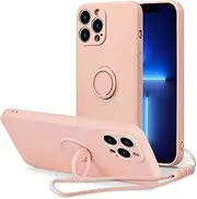 UEEBAI Case for iPhone 13 Pro (6.1 inch), Slim Liquid Silicone Phone Case with 360 Rotatable Ring Holder Kickstand Fashion Hand Strap with Magnetic Car Mount Shockproof TPU Bumper Cover - Pink