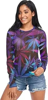 [ODAWA] Colorful Leaf Gradient Long Sleeve Sheer Blouse See Through Mesh Top Tee Blouse O Neck Clubwear for Women