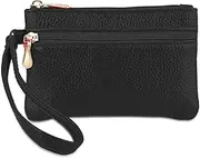 [Jeffdad] Women's Small Leather Coin Purse with Double Zipper Detachable Wrist Strap, Black
