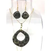 Gorgeous Black With Gold Highlight Rose Clay Pendant and Earring Set Gold Plate