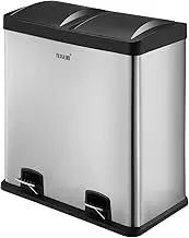 Maxkon 60L Foot Pedal Bin Dual Kitchen Rubbish Bin Step Recycle Garage Trash Can with Plastic Flip-Top Lids & Removable Inner Bucket Matte Finish Stainless Steel Silver