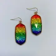 Glitter Deco Rainbow Multi Colored Oval Shape Drop Dangle Hook Earrings LGBTQ+