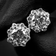 Small Brilliant Sterling Silver White Gold Flower Cluster Round Halo Earrings
