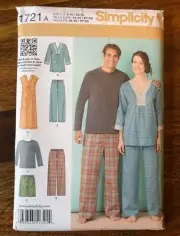 Simplicity Pattern #1721 Men Top/Pants/Shorts Misses Tunic/Pants/Pajamas XS-XL