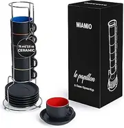 MIAMIO - 75 ml Espresso Cup Set with Saucers Coffee Mug Set of 6 - Ceramic Coffee Mug Stackable Espresso Mug with Stand for Coffee Drinks, Latte, Cafe Mocha - Le Papillon Collection (Colorful)