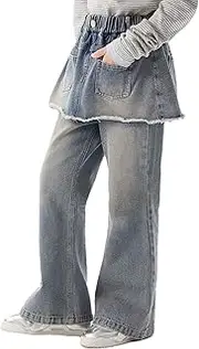 [aromm] Girl Skirted Wide Leg Jeans Elastic Band High Waist Denim Pants