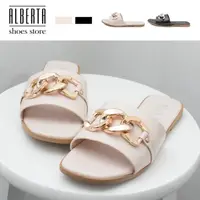 在飛比找momo購物網優惠-【Alberta】1cm拖鞋 優雅氣質一字寬帶金屬飾釦 皮革