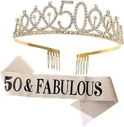 2pcs 50 Crown Shoulder Straps Birthday Party Crown Happy Birthday Crown Woman Headband Blessings Stickers Birthday Sash Tiaras for Women Hair Bands for Remembrance Head Band Golden